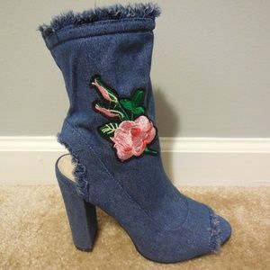 Blue Denim Embroider Floral Distressed Booties